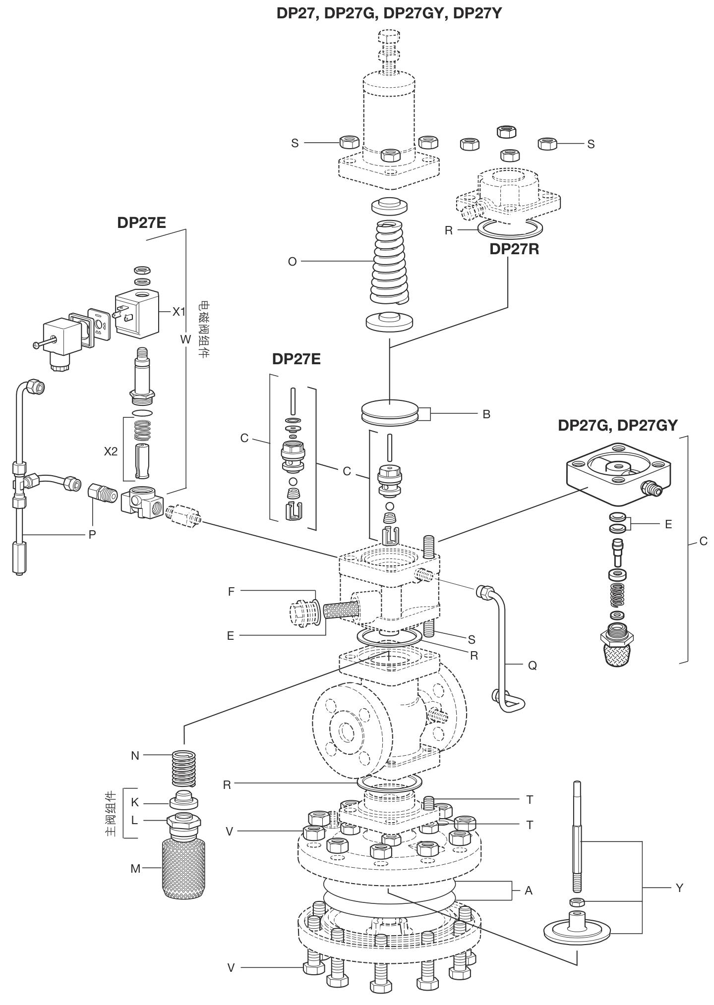 Spirax Sarco DP27/DP27LC Pilot Operated Diaphragm Type Pressure Reducing Valves - Construction Diagrams